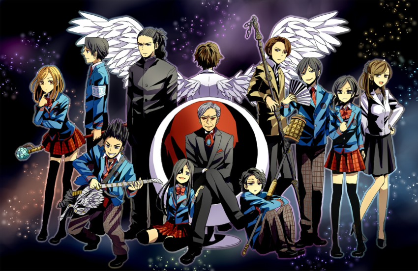 4girls 6+boys angel_wings black_eyes black_hair blonde_hair bow brown_eyes brown_hair chair earrings emoto_kuniteru folding_fan formal_clothes frown gamou_mitsuaki goto_toujiro grin guitar hand_fan hayami_kouhei high_heels instrument jewelry joujima_yuuki kamen_rider kamen_rider_fourze_(series) kijima_natsuji kuroki_ran long_hair multiple_boys multiple_girls necktie no_nose peparoni red_eyes school_uniform shaded_face shoes short_hair sitting skirt smile sonoda_sarina staff star_(sky) suda_erin sugiura_yuuta suit tatsugami_kou thighhighs wings yamada_tatsumori