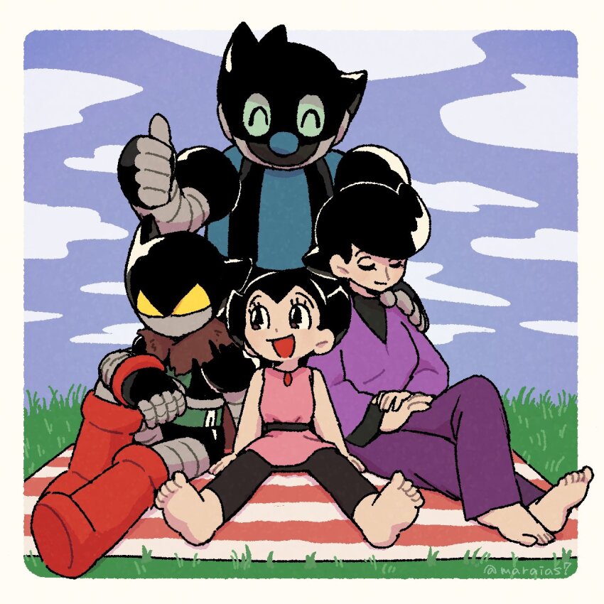 alternate_universe atom_(tetsuwan_atom) barefoot blue_sky brother_and_sister cape closed_eyes cloud cloudy_sky dress ethanol_(tetsuwan_atom) family father_and_daughter father_and_son grass hand_on_another&#039;s_shoulder highres husband_and_wife joints long_sleeves marias_(harako) mother_and_daughter mother_and_son non-humanoid_robot pants picnic picnic_blanket pink_dress rin_(tetsuwan_atom) robot robot_joints siblings sky tetsuwan_atom thumbs_up torn_cape torn_clothes uran_(tetsuwan_atom) yellow_eyes