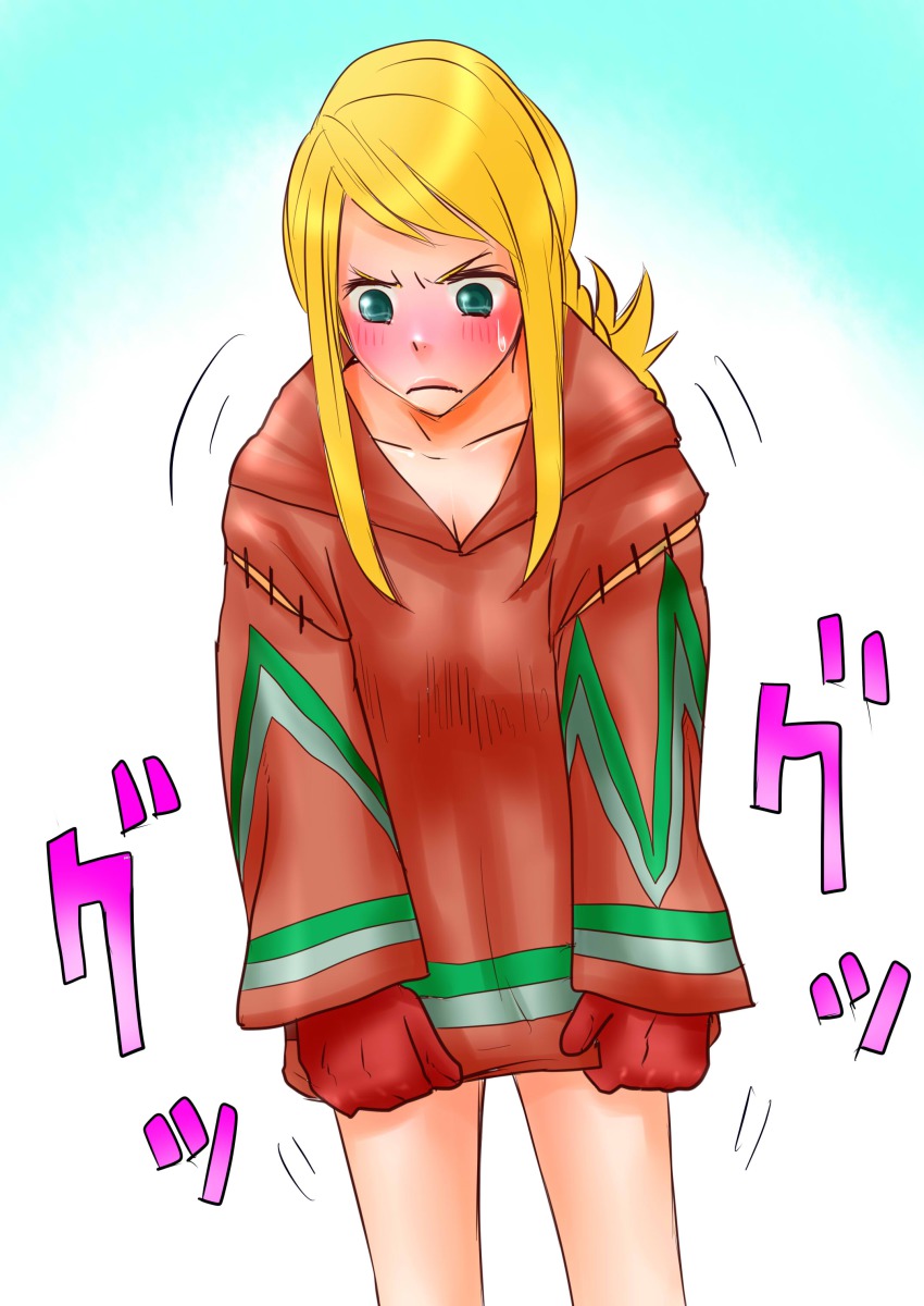 1girl absurdres agrias_oaks blonde_hair blush cosplay female_focus final_fantasy final_fantasy_tactics geomancer geomancer_(fft) geomancer_(fft)_(cosplay) gloves gradient_background green_eyes highres long_hair solo yu-sk
