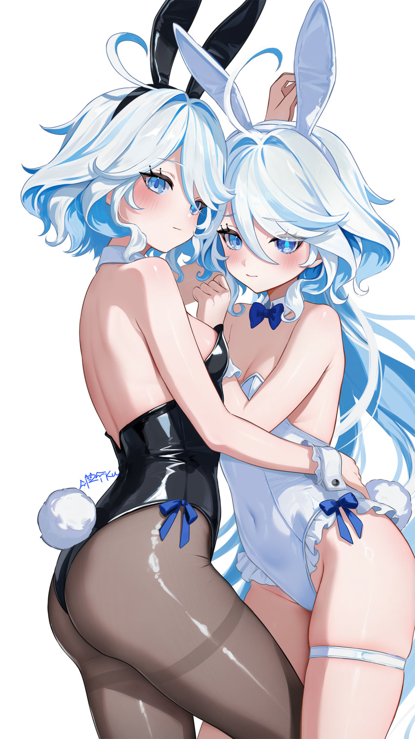 2girls ahoge animal_ear_hairband animal_ears backless_leotard bare_back bare_shoulders black_hairband black_leotard black_pantyhose blue_bow blue_bowtie blue_eyes blue_hair blue_pupils blush bow bowtie breasts cleavage closed_mouth collar commentary_request covered_navel detached_collar drop-shaped_pupils fake_animal_ears fake_tail from_side furina_(genshin_impact) genshin_impact hair_between_eyes hairband heterochromia highres leg_between_thighs leotard looking_at_viewer looking_to_the_side medium_breasts medium_hair multiple_girls pantyhose playboy_bunny rabbit_ears rabbit_tail rrr_gns_(riuriu_1212) simple_background strapless strapless_leotard symbol-shaped_pupils tail thigh_strap white_background white_collar white_hair white_hairband white_leotard white_wrist_cuffs wrist_cuffs yuri
