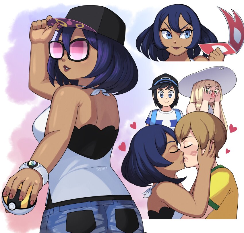 2boys 2girls absurdres baseball_cap black_hair blue_eyes blush breasts closed_eyes covering_face dark-skinned_female dark_skin denim denim_shorts dexio_(pokemon) elio_(pokemon) hat heart hetero highres holding holding_poke_ball kiss lillie_(pokemon) lipstick_mark lipstick_mark_on_face looking_at_another mask mega_ring multiple_boys multiple_girls multiple_views nail_polish nintendo pink-tinted_eyewear poke_ball pokemon pokemon_sm pokemon_xy purple_hair shorts signature sina_(pokemon) sun_hat tinted_eyewear ultra_ball unworn_mask yamouri