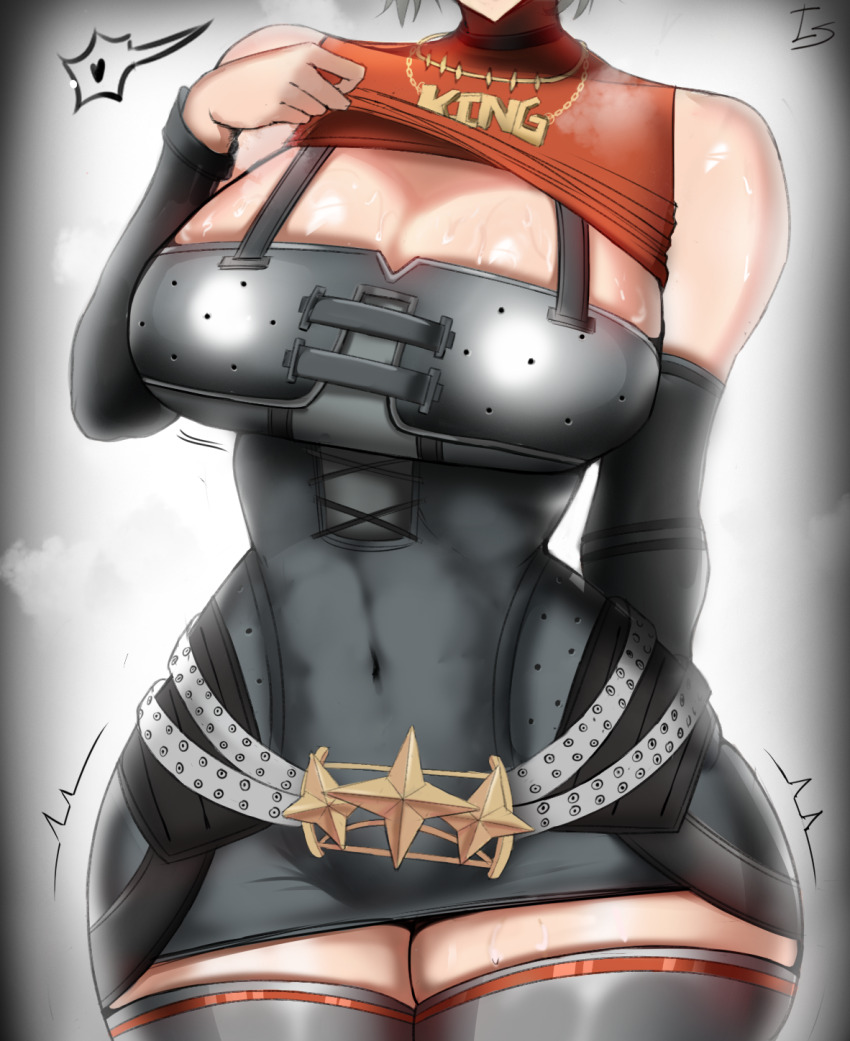 1girl ass black_thighhighs breasts caesar_king_(zenless_zone_zero) cleavage commentary cropped_head curvy detached_sleeves english_commentary heart highres hot huge_ass huge_breasts isensio large_breasts navel signature simple_background skin_tight solo spoken_heart steam steaming_body stomach sweat thighhighs thighs upper_body wide_hips zenless_zone_zero zettai_ryouiki