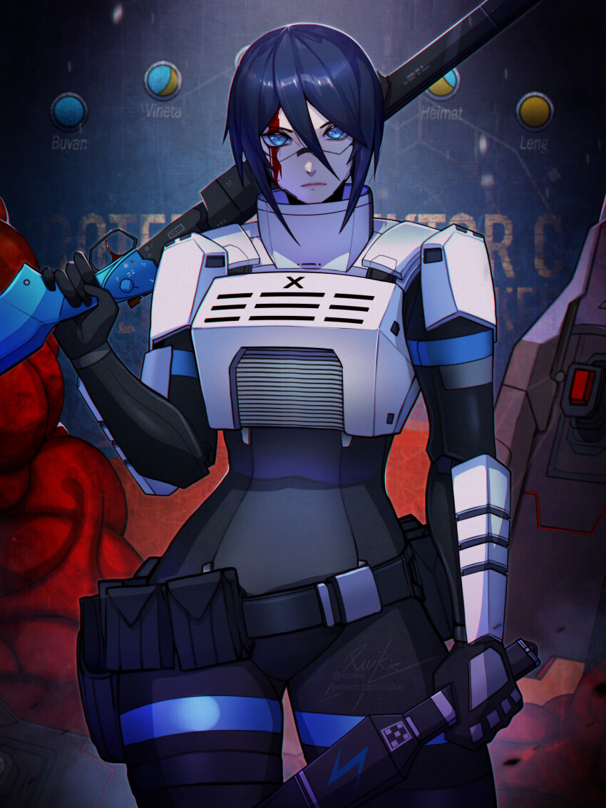 1girl absurdres android anti-materiel_rifle armor belt blood blue_eyes cyberpunk double-barreled_rifle elephant_girl elster_(signalis) gun highres joints looking_at_viewer mechabare metal_skin multiple-barrel_gun over-and-under-barreled_rifle rifle robot_girl robot_joints science_fiction short_hair signalis sniper_rifle solo weapon xuuikie_ashe