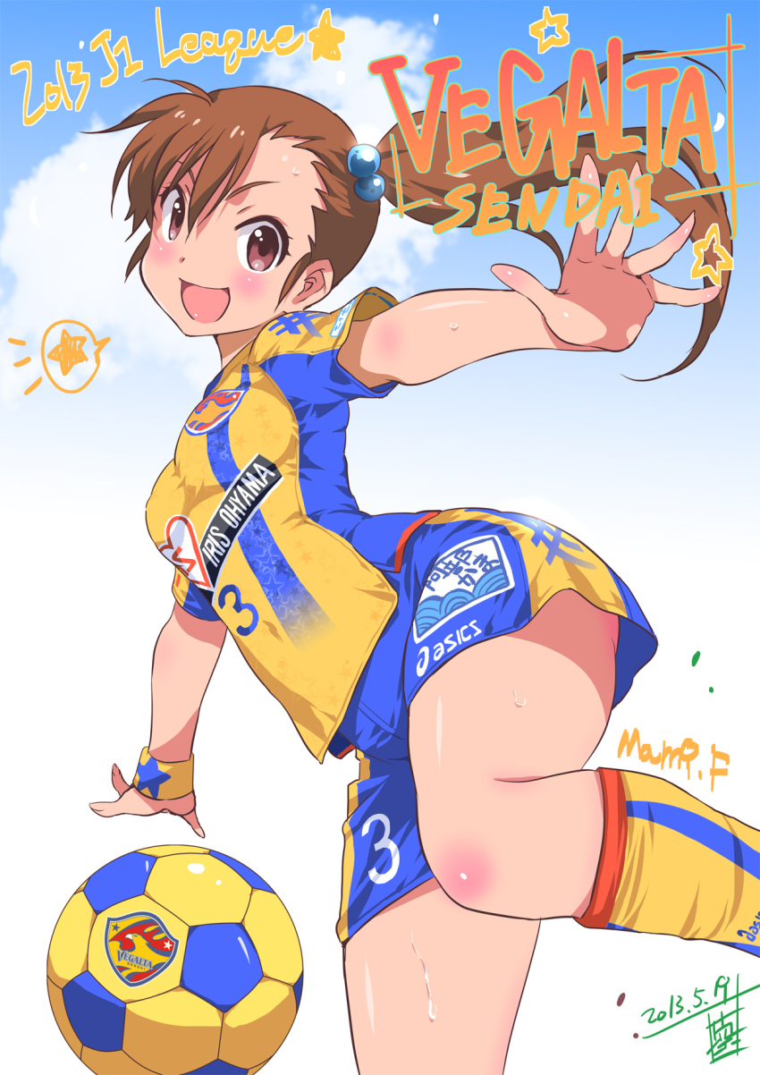 1girl ball blush breasts brown_eyes brown_hair dated female_focus futami_mami hair_bobbles hair_ornament highres idolmaster idolmaster_(classic) inoue_sora j._league japan kneehighs long_hair shirt shorts side_ponytail signature small_breasts smile soccer soccer_ball soccer_uniform socks solo sportswear striped sweat taut_clothes taut_shirt thighs translation_request vegalta_sendai