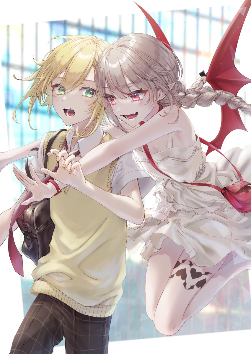 1boy 1girl absurdres armpits bag bangle blonde_hair blush bracelet braid breasts brown_pants choker cleavage demon_wings dress fang frilled_dress frills green_eyes grey_hair handbag heart heart_tattoo highres jewelry jumping leg_tattoo long_hair looking_at_another makaino_ririmu makaino_ririmu_(3rd_costume) medium_hair multicolored_hair necktie nijisanji nonon_813 open_collar open_mouth pants pink_hair pointy_ears red_choker red_eyes red_necktie school_bag shirt short_sleeves shoulder_bag sidelocks sleeveless sleeveless_dress small_breasts smile streaked_hair surprised sweater_vest tattoo twin_braids uzuki_kou uzuki_kou_(3rd_costume) vampire vest virtual_youtuber white_dress white_shirt wings yellow_vest