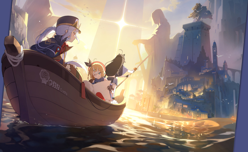 3girls ;q ahoge bag beret blue_hat blue_jacket boat braid character_request closed_mouth collared_shirt crown_braid dutch_angle freesia_(stella_sora) grey_hair hair_ornament hairclip hat highleg highleg_panties highres holding holding_map holding_oar jacket long_hair long_sleeves map messenger_bag miniskirt monolith_(object) multicolored_hair multiple_girls oar official_art on_boat one_eye_closed orange_hair outdoors panties pleated_skirt profile red_eyes red_hat red_shirt river rowboat rowing second-party_source shirt shoulder_bag side_ponytail sidelocks simple_bird skirt smile sparkle standing stella_sora streaked_hair tongue tongue_out tree underwear watercraft white_hair