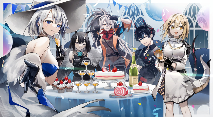 1boy 4girls absurdres alchemy_stars animal anniversary arm_up azure_(alchemy_stars) balloon black_cat black_coat black_dress black_gloves black_hair blue_dress blue_eyes breasts brown_jacket cake cake_slice cat chair champagne_bottle champagne_flute closed_mouth coat confetti crossed_arms cup cupcake dress drinking_glass fleur_(alchemy_stars) food fur-trimmed_coat fur_trim gloves grey_hair hair_intakes hand_up hat heterochromia highres holding holding_animal holding_cat holding_cup horns indoors jacket large_breasts long_hair looking_at_viewer looking_back medium_breasts multiple_girls necktie off_shoulder party_popper peneko plate reaching reaching_towards_viewer reinhardt_(alchemy_stars) sariel_(alchemy_stars) short_hair sitting smile standing string_of_flags swiss_roll table tail vice_(alchemy_stars) white_headwear white_jacket window yellow_eyes