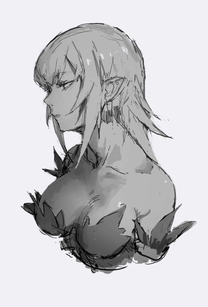 1girl bare_shoulders breasts cleavage collarbone dress elbow_gloves feather-trimmed_dress feather-trimmed_gloves feather_trim frilled_dress frills gloves highres kiss-shot_acerola-orion_heart-under-blade kizumonogatari large_breasts long_hair looking_to_the_side monochrome monogatari_(series) oshino_shinobu pointy_ears simple_background solo strapless strapless_dress taki_(a313131333) vampire very_long_hair