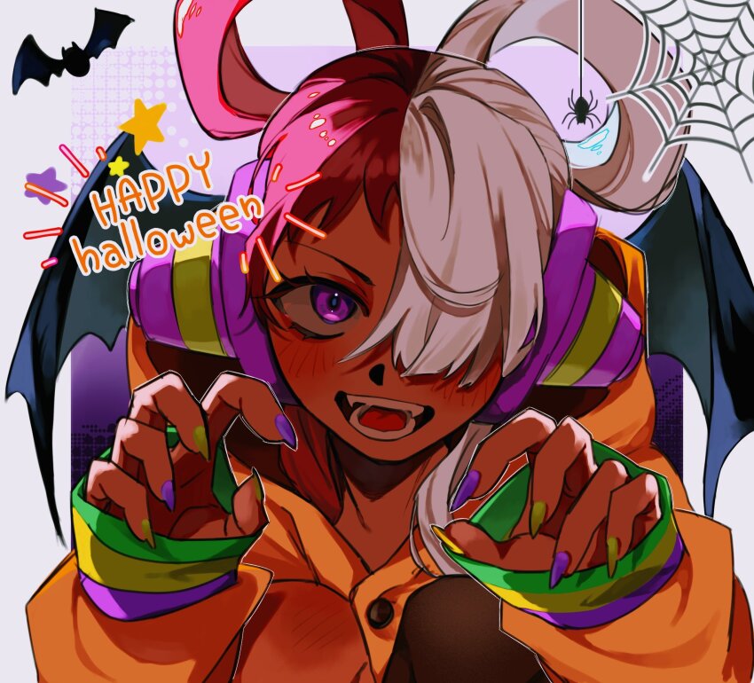 1girl asymmetrical_bangs bat_(animal) bat_wings blush bug claw_pose cocoashina commentary hair_over_one_eye hair_rings halloween happy_halloween headphones highres hood hood_down hoodie long_hair long_sleeves looking_at_viewer multicolored_hair multicolored_nails one_piece one_piece_film:_red open_mouth orange_hoodie purple_eyes red_hair silk solo spider spider_web straight-on symbol-only_commentary two-tone_hair upper_body uta_(one_piece) white_hair wings