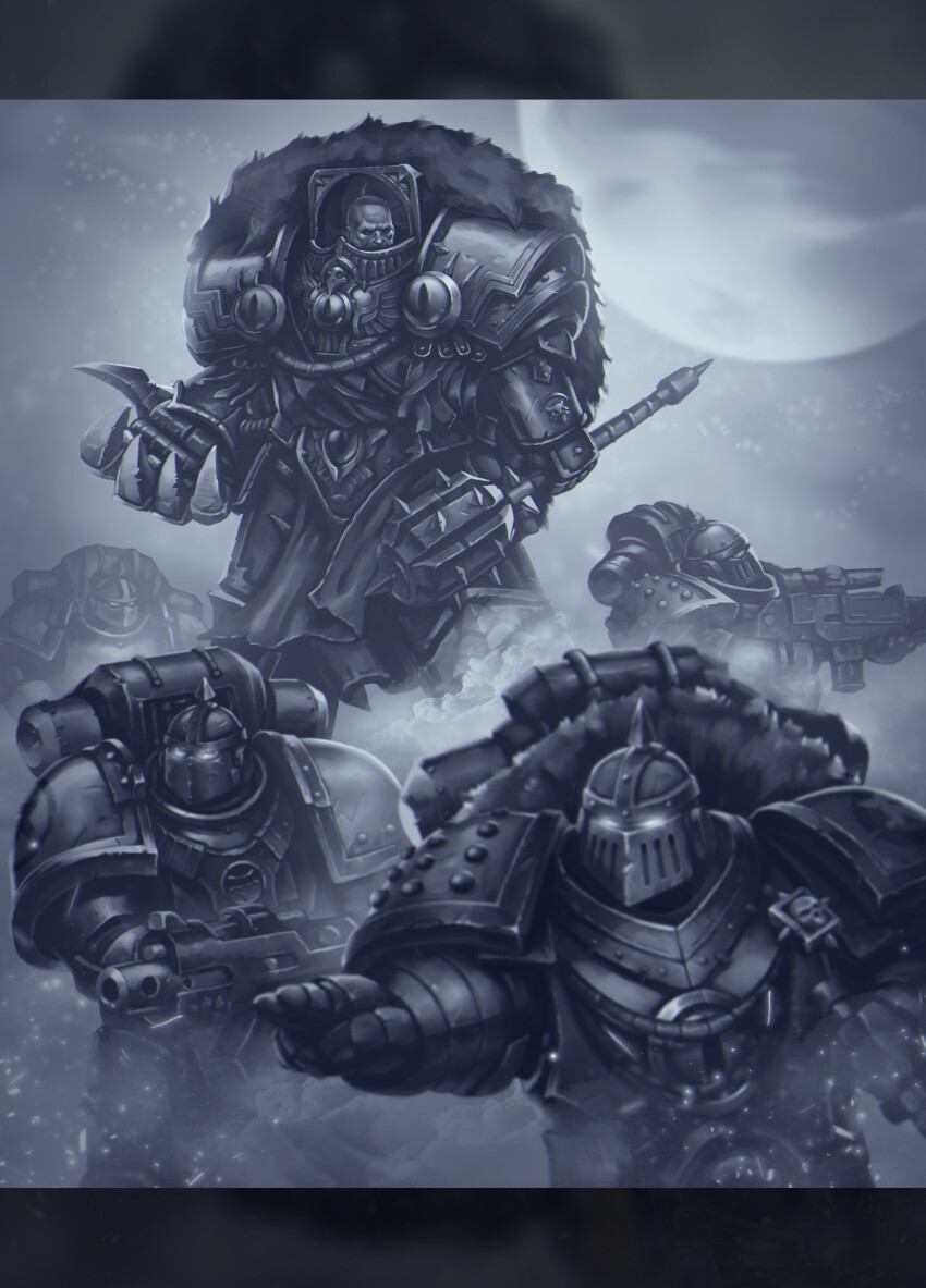5boys adeptus_astartes animal_skull armor bald bird_skull bird_skull_ornament black_legion bolter breastplate commentary couter cowboy_shot cuirass english_commentary eyes_of_horus_(warhammer_40k) gauntlets glowing glowing_eyes grey_armor greyscale grohgrog gun highres holding holding_bolter holding_gun holding_mace holding_weapon horus_lupercal leg_armor looking_to_the_side mace male_focus monochrome moon multiple_boys outdoors pauldrons pelt pelvic_curtain pointing poleyn power_armor power_claw primarch rerebrace shoulder_armor size_difference solo_focus spiked_helmet spiked_mace spikes standing studded_armor warhammer_40k weapon