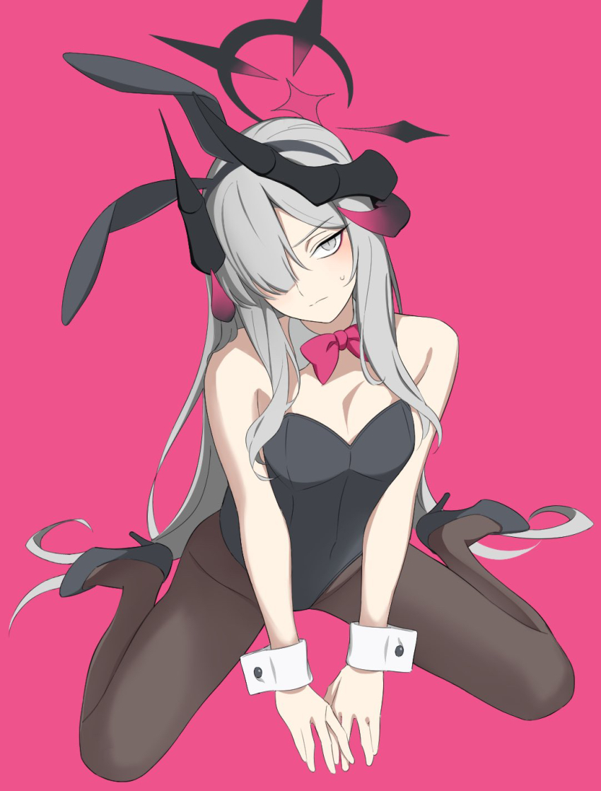 1girl alternate_costume animal_ears black_footwear black_leotard black_pantyhose blue_archive bow bowtie breasts closed_mouth detached_collar fake_animal_ears grey_eyes grey_hair hair_over_one_eye halo high_heels highres horns kashiwa_(iersansi) leotard long_hair looking_at_viewer makoto_(blue_archive) medium_breasts multiple_horns pantyhose pink_background pink_bow pink_bowtie playboy_bunny rabbit_ears simple_background sitting strapless strapless_leotard sweat very_long_hair wrist_cuffs