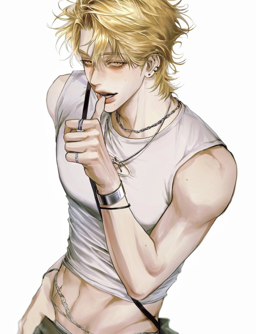 1boy abs bare_shoulders blonde_hair bracelet brown_pants chain chain_leash chain_necklace commentary dang0_23 ear_piercing earclip earrings eyelashes eyeshadow finger_in_own_mouth hair_between_eyes hand_in_pants highres jewelry leash looking_to_the_side makeup male_focus midriff mole mole_on_arm mole_on_cheek mole_on_shoulder mole_under_mouth multiple_moles multiple_rings navel necklace off-shoulder_shirt off_shoulder original pants parted_lips piercing ring shirt short_hair simple_background solo stud_earrings symbol-only_commentary teeth thumbs_up toned toned_male upper_body white_background white_shirt yellow_eyes