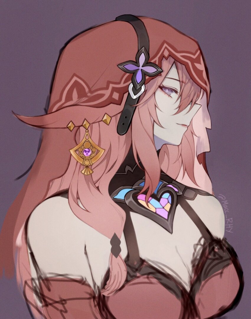 1girl alternate_color black_swan_(honkai:_star_rail) black_swan_(honkai:_star_rail)_(cosplay) breasts cleavage closed_mouth commentary cosplay dress earrings facing_to_the_side genshin_impact highres honkai:_star_rail honkai_(series) jewelry long_hair looking_at_viewer macc_rhy pink_dress pink_hair pink_veil portrait purple_background purple_eyes signature simple_background solo symbol-only_commentary veil yae_miko