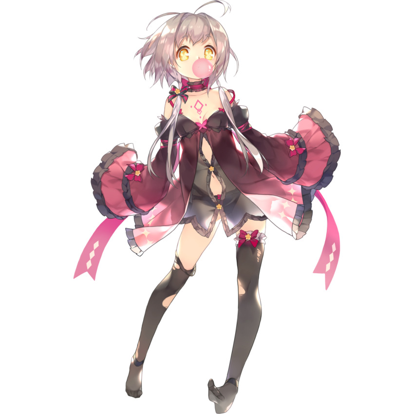 1girl ahoge artist_request bare_shoulders black_bow black_panties black_thighhighs bow bow_legwear breasts butterfly_in_eye chewing_gum choker final_gear flower_ornament full_body grey_eyebrows grey_hair hair_behind_ear hair_bow highres long_sleeves looking_at_viewer mismatched_socks official_art panties patti_(final_gear) red_bow red_choker red_sleeves ribbon_choker see-through_clothes short_hair simple_background sleeve_bow sleeves_past_fingers sleeves_past_wrists small_breasts solo spaghetti_strap star_ornament striped_bow tachi-e thighhighs third-party_source toes torn_clothes torn_thighhighs transparent_background underwear