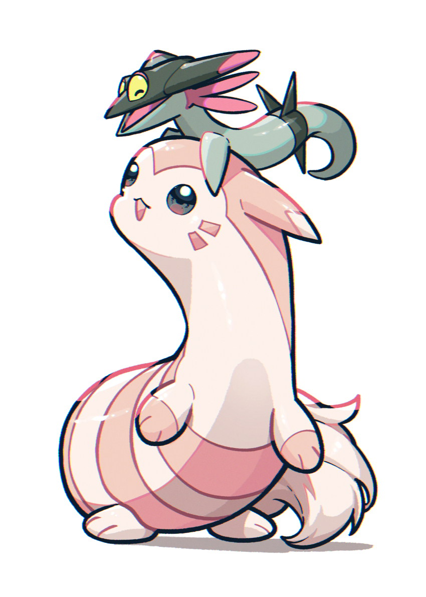 aru_(citrine_drplt) brown_fur colored_sclera dreepy furret gen_2_pokemon gen_8_pokemon head_wings highres long_body nintendo no_humans on_head open_mouth pokemon pokemon_(creature) pokemon_on_head simple_background white_background wings yellow_sclera