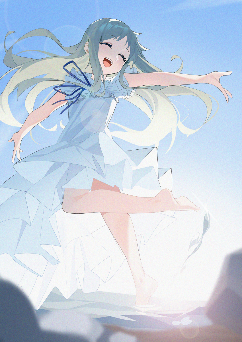 1girl :d ^_^ absurdres ano_hi_mita_hana_no_namae_wo_bokutachi_wa_mada_shiranai. bare_arms bare_legs barefoot blue_sky closed_eyes commentary day dress full_body green_hair highres honma_meiko lens_flare long_hair open_mouth outdoors outstretched_arms short_sleeves sky smile solo standing standing_on_one_leg wako_(1194433260) water white_dress