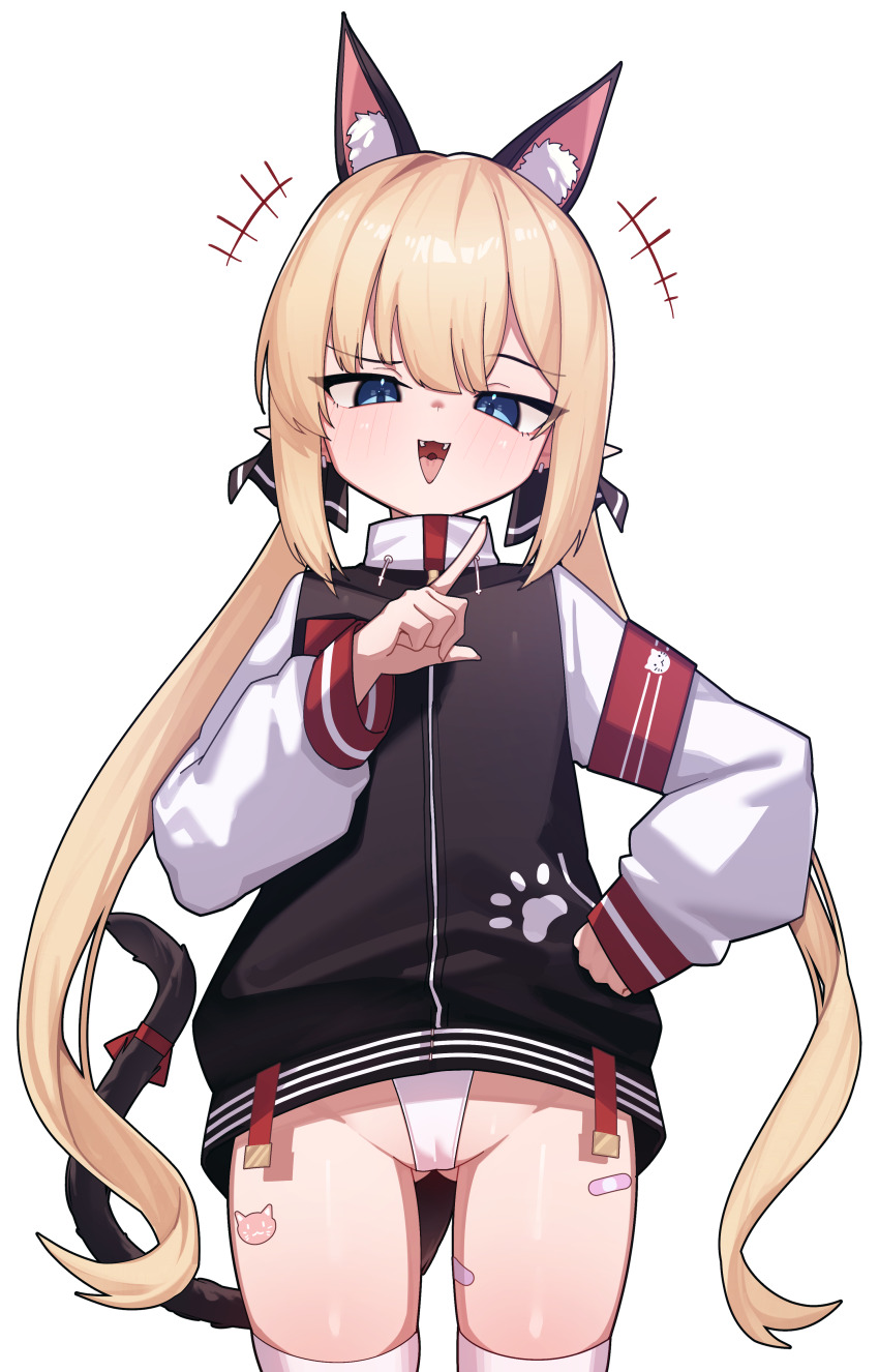 1girl absurdres animal_ears armband artist_request bandaid_on_thigh black_jacket blonde_hair blue_eyes cat_ears cat_tail commission cowboy_shot fake_animal_ears hand_on_own_hip hand_up highres jacket long_hair long_sleeves looking_at_viewer multicolored_jacket open_mouth original pointy_ears red_armband second-party_source simple_background smile solo tail thighhighs twintails two-tone_jacket very_long_hair white_background white_jacket white_thighhighs