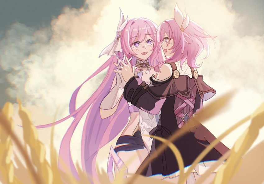 2girls :d black_dress chinese_commentary clothing_cutout cloud commentary_request cyrene_(honkai:_star_rail) dress elysia_(herrscher_of_human:_ego)_(honkai_impact) elysia_(honkai_impact) faber_fubei field gloves highres honkai:_star_rail honkai_(series) honkai_impact_3rd inoue_marina interlocked_fingers long_hair look-alike medium_hair multiple_girls open_mouth partial_commentary pink_hair purple_eyes shoulder_cutout smile very_long_hair voice_actor_connection white_gloves yanning