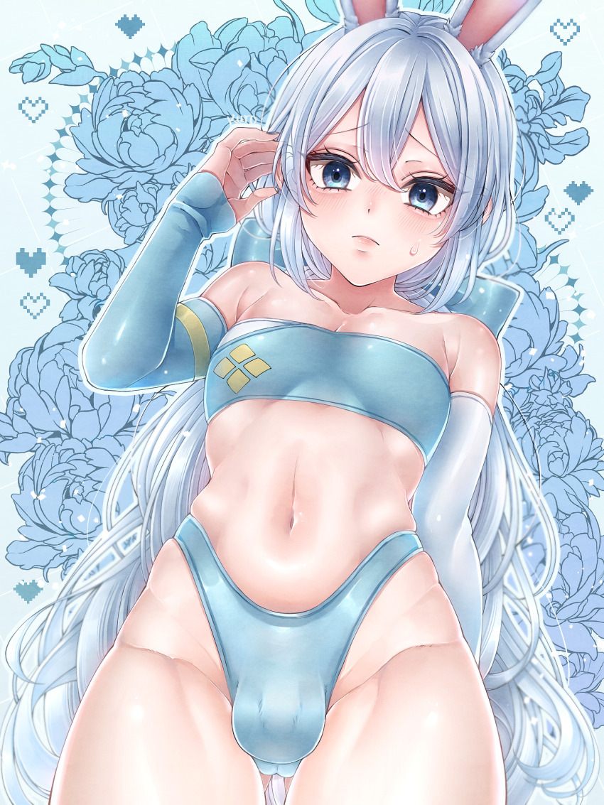 1boy androgynous animal_ears arm_behind_back bandeau blue_background blue_bandeau blue_bow blue_eyes blue_sleeves bow bulge collarbone commentary_request covered_penis cowboy_shot detached_sleeves dragon_quest dragon_quest_x from_below gluteal_fold hair_bow hero_(dq10) highres kuro11_222 linea_alba long_hair looking_at_viewer looking_down low_ponytail male_focus midriff navel ponytail rabbit_boy rabbit_ears skindentation solo sweatdrop thong trap tucking_hair white_hair