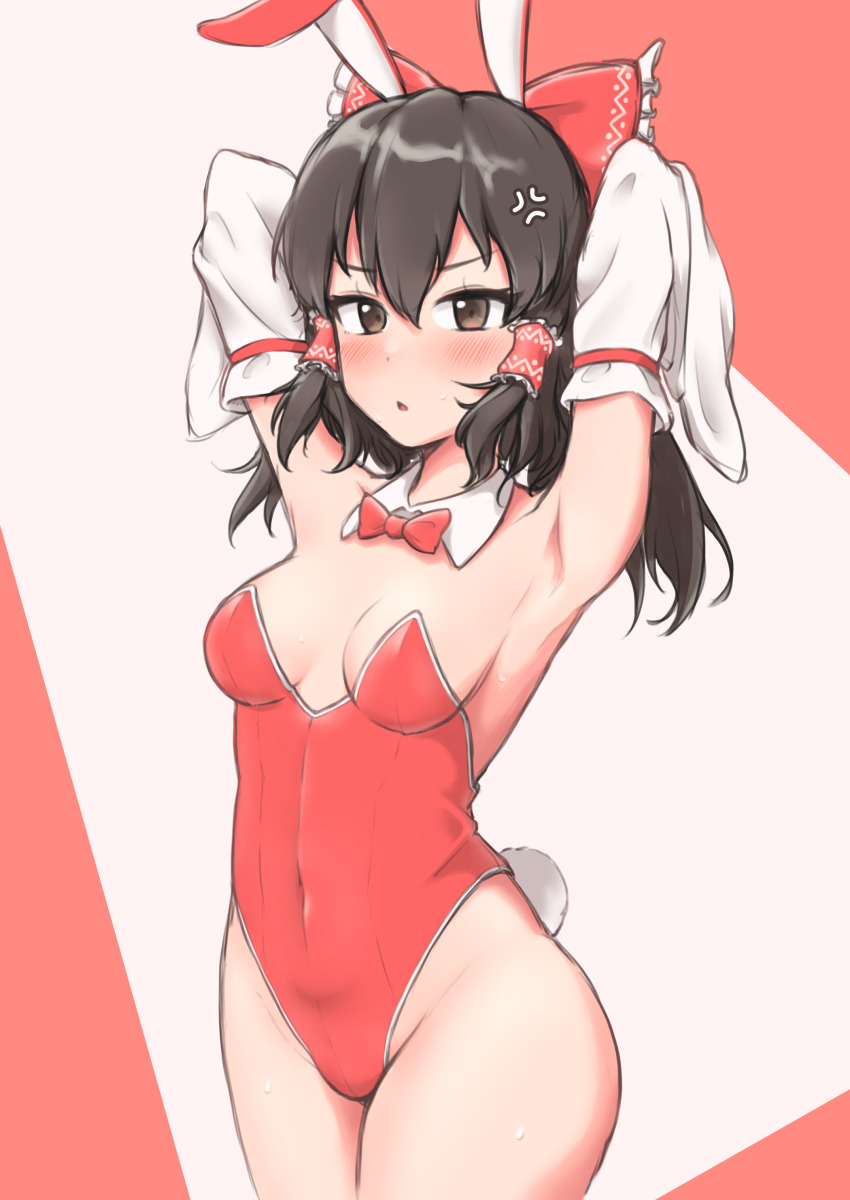 1girl absurdres anger_vein animal_ears armpits arms_up blush bow bowtie breasts commentary_request cowboy_shot detached_collar detached_sleeves hair_bow hair_tubes hakurei_reimu highleg highleg_leotard highres leotard long_hair medium_breasts playboy_bunny rabbit_ears rabbit_tail red_bow red_bowtie red_leotard samukaze solo strapless strapless_leotard tail touhou traditional_bowtie