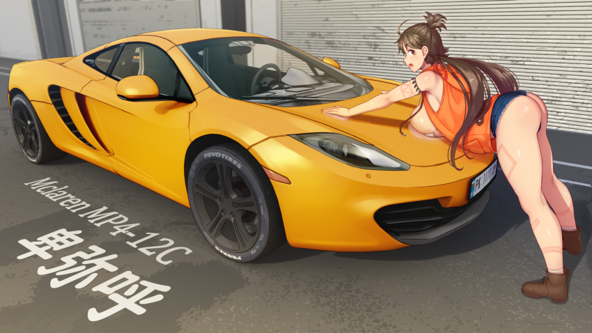 1girl abubu ass bent_over bikini bikini_top_only blue_shorts body_markings boots breasts brown_eyes brown_hair car cutoffs denim denim_shorts facial_mark fate/grand_order fate_(series) forehead forehead_mark highres himiko_(fate) himiko_(tour_outfit)_(fate) hood hooded_vest hoodie large_breasts long_hair looking_at_viewer looking_back mclaren_mp4-12c motor_vehicle open_mouth orange_vest short_shorts shorts sideboob smile solo sports_car swimsuit topknot twintails vehicle_focus vest yellow_car