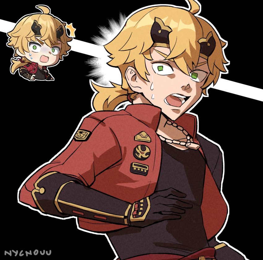 1boy ahoge armor artist_name black_background blonde_hair chibi chibi_inset collarbone collared_jacket cropped_jacket dog_tags fake_horns genshin_impact genshin_impact_sticker_redraw_(meme) green_eyes headband highres horned_headwear horns jacket japanese_armor kusazuri long_hair long_sleeves low_ponytail meme nycnouu open_clothes open_jacket open_mouth ponytail red_jacket surprised sweatdrop thoma_(genshin_impact) wrist_guards