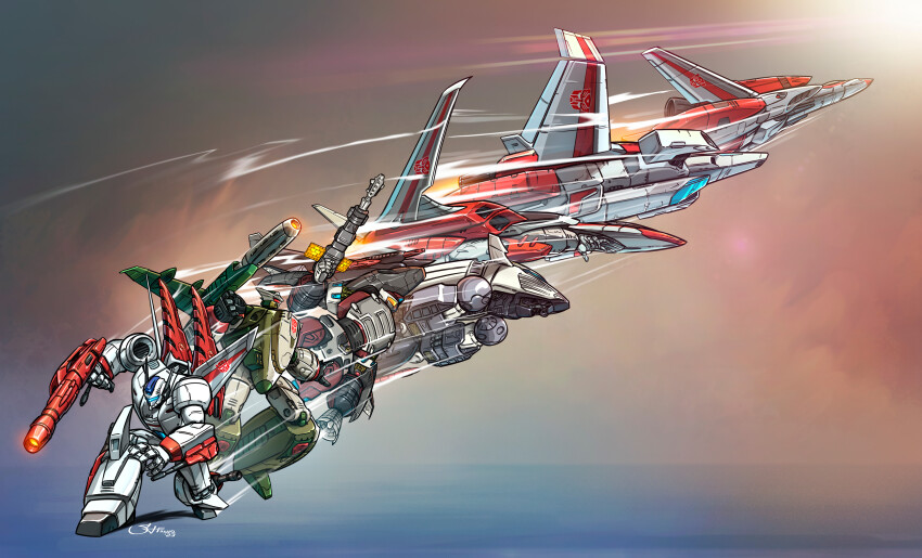 2023 absurdres autobot beam_rifle canards commentary crossover dated dreadrock emblem energy_gun english_commentary gunpod highres jetfire jetstormsifuentes macross mecha no_humans ray_gun robot roundel science_fiction signature transformation transformers transformers:_the_war_within transformers_armada transformers_cybertron transformers_energon transformers_unicron_trilogy variable_fighter variations vf-1 vf-1_super weapon