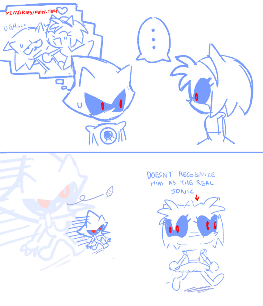 1boy 1girl amy_rose animal_ears black_sclera bootleg_metal_sonic_plush caffstrink chasing colored_sclera commentary english_commentary eyelashes hairband hedgehog_boy hedgehog_girl highres looking_at_another mechanical_arms mechanical_hands metal_amy metal_sonic red_eyes robot running sonic_(series) sonic_the_hedgehog