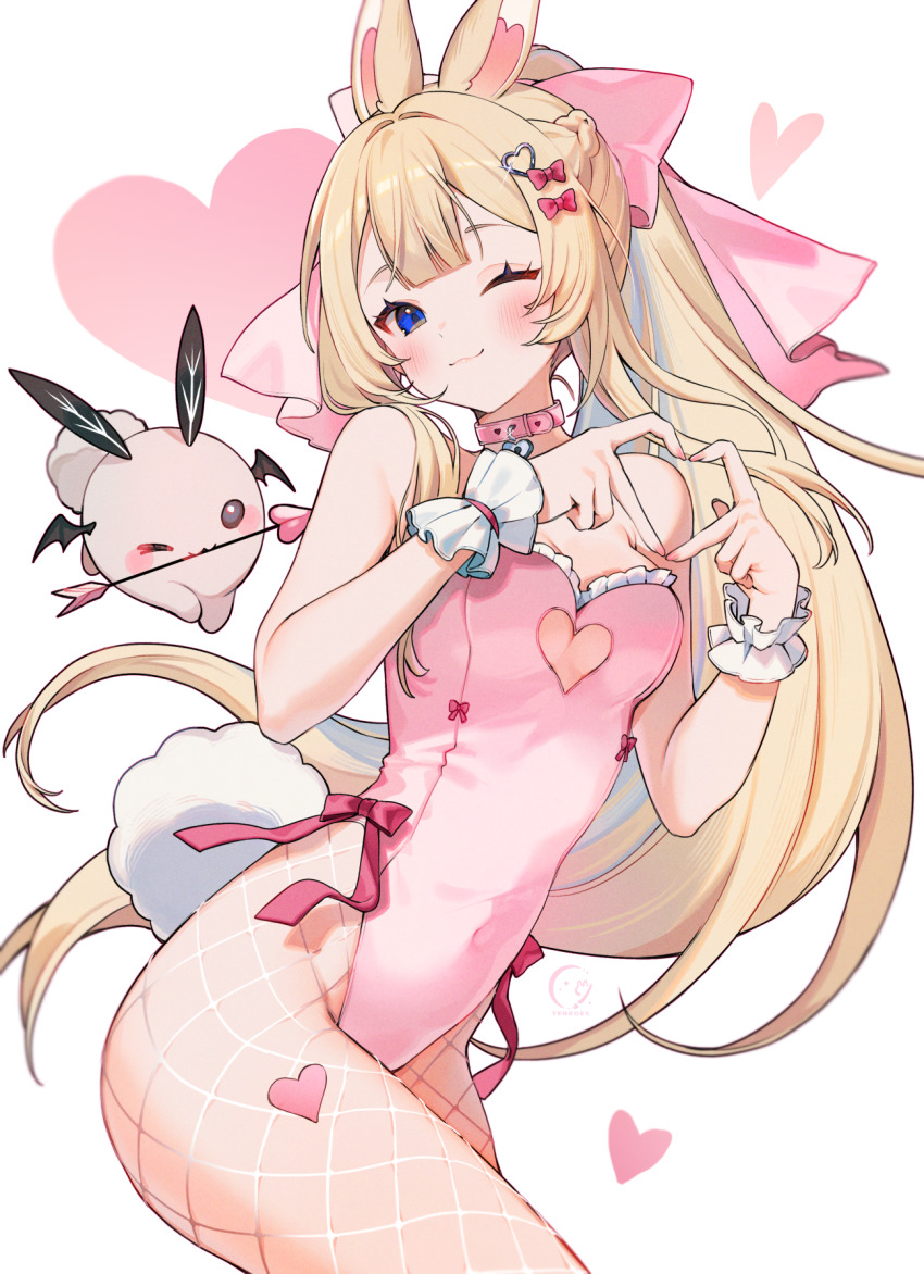 1girl ;3 animal_ears bare_shoulders blue_eyes bow braid breasts choker closed_mouth clothing_cutout commentary_request covered_navel cowboy_shot fishnet_pantyhose fishnets hair_bow heart heart_cutout heart_hands highleg highleg_leotard highres indie_virtual_youtuber leotard long_hair looking_at_viewer one_eye_closed pantyhose pink_choker pink_leotard playboy_bunny ponytail rabbit_ears rabbit_tail side-tie_leotard simple_background small_breasts smile solo spaghetti_strap tail very_long_hair virtual_youtuber white_background wrist_cuffs yenko_(vtuber) yenkoes