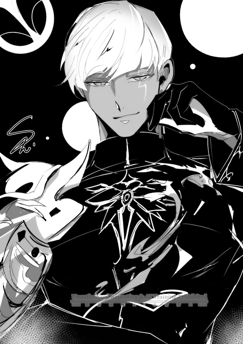 1boy armor earrings fate/grand_order fate_(series) greyscale highres indra_(fate) jewelry lightning_bolt_facial_mark looking_at_viewer male_focus monochrome pauldrons shirt short_hair shoulder_armor single_pauldron sirron0012 smile solo
