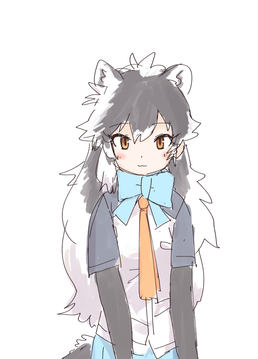 :3 alternate_costume animal_ears arctic_fox_(kemono_friends) blue_bow blue_bowtie blue_skirt bow bowtie elbow_gloves extra_ears fox_ears fox_girl fox_tail gloves grey_gloves grey_hair grey_shirt highres kemono_friends long_hair multicolored_hair necktie orange_eyes orange_necktie pleated_skirt rumenia_(ao2is) shirt short_sleeves skirt tail two-tone_shirt white_hair white_shirt