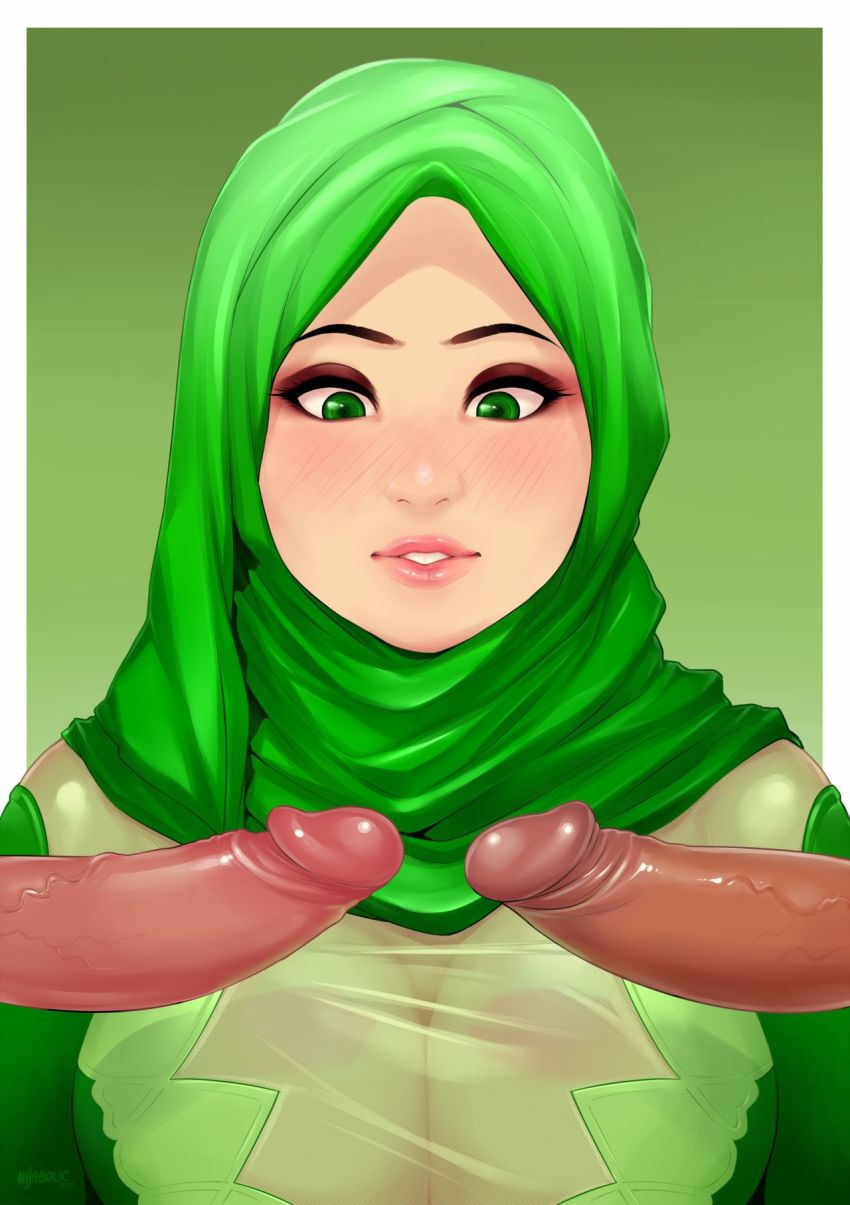 1girl 2boys breasts cleavage dark-skinned_male dark_skin green_eyes highres hijab islam large_breasts multiple_boys muslim nigaw parted_lips penis see-through_cleavage see-through_clothes text_focus uncensored