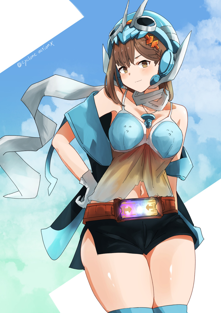 1girl absurdres arrow_hair_ornament atelier_(series) atelier_ryza black_shorts blue_thighhighs breasts brown_eyes brown_hair bug closed_mouth cowboy_shot cycloneactionx fusion gloves gotchardriver grasshopper hair_ornament hand_on_own_hip hat highres insect kamen_rider kamen_rider_gotchard kamen_rider_gotchard_(series) large_breasts looking_at_viewer navel reisalin_stout rider-tan rider_belt scarf short_hair short_shorts shorts smile solo standing thighhighs train trait_connection twitter_username white_gloves white_scarf