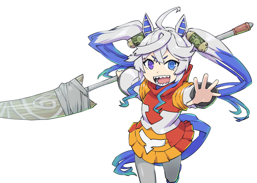 1girl animal_ears blue_eyes blue_hair bone bone_spear bone_weapon chemical_weapon commentary_request fusion godzilla_(1954_movie) godzilla_(series) godzilla_singular_point heterochromia highres holding holding_polearm holding_spear holding_weapon hood hoodie horse_ears horse_girl horse_tail jet_jaguar long_hair looking_at_viewer multicolored_hair multicolored_hoodie open_mouth orthogonal_diagonalizer oxygen_destroyer polearm purple_eyes silver_hair simple_background smile solo spear spear_of_anguirus tail toho twin_turbo_(umamusume) twintails two-tone_hair ueyama_michirou umamusume weapon weapon_of_mass_destruction white_background