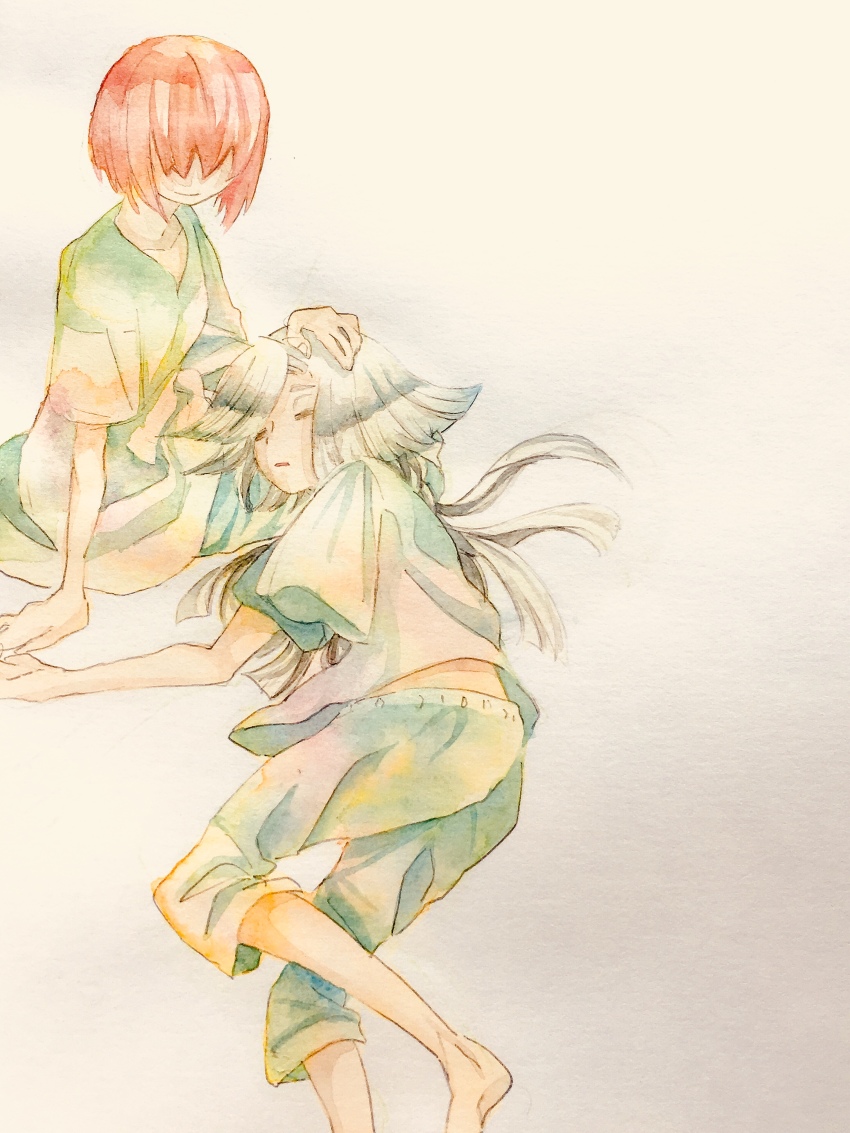 1boy 1girl absurdres barefoot closed_eyes covered_eyes fingernails green_pants green_shirt hair_over_eyes hand_on_another&#039;s_head hatori_chise highres joseph_(mahou_tsukai_no_yome) junko_(yasuyoyasuyo) lap_pillow lying mahou_tsukai_no_yome open_mouth orange_hair painting_(medium) pajamas pants shirt simple_background sitting sleeping smile traditional_media watercolor_(medium) white_background white_hair