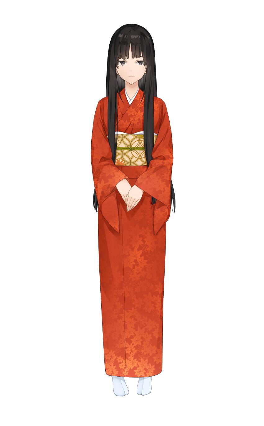 1girl absurdres akinashi_yuu black_eyes black_hair full_body highres japanese_clothes kanda_alice_mo_suiri_suru. kimono long_hair obi official_art red_kimono sash sawaragi_houju socks solo third-party_source very_long_hair white_socks