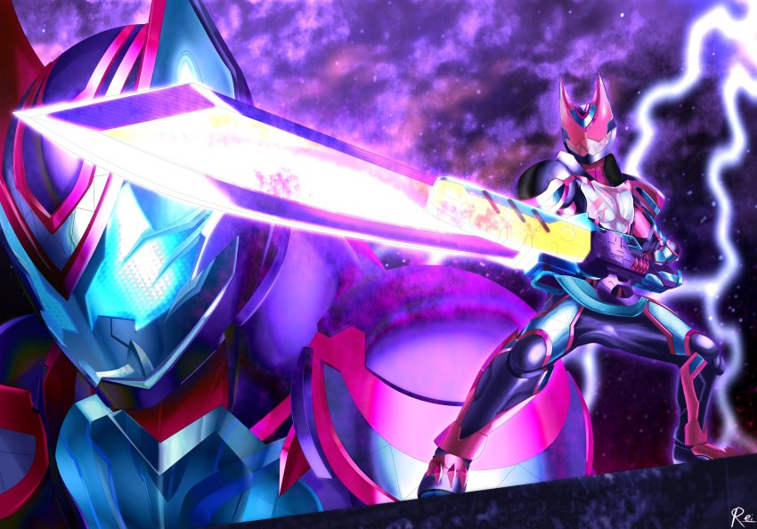 2boys absurdres armor blue_armor commentary demon demon_boy demon_tail english_commentary giffard_rex giffard_rex_vistamp gloves highres huge_weapon kamen_rider kamen_rider_revi kamen_rider_revice kamen_rider_ultimate_revi kamen_rider_ultimate_vice kamen_rider_vice multicolored_gloves multiple_boys reiei_8 revicelasher sunrise_stance sword tail weapon zoom_layer