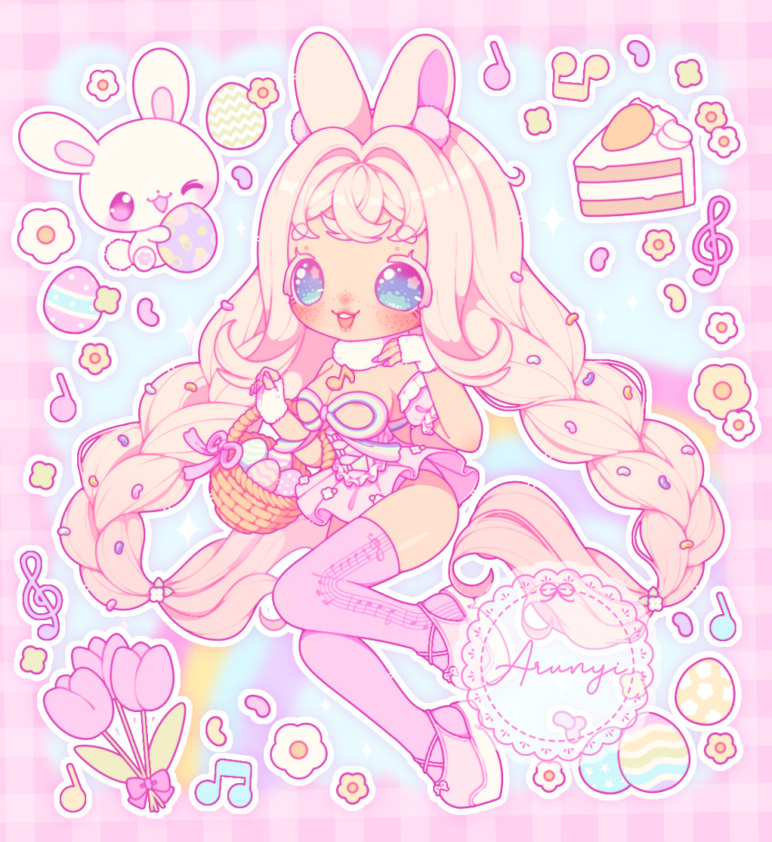 1girl animal_ears arunyi blonde_hair blue_eyes braid breasts chibi cleavage commentary commission easter easter_egg egg english_commentary flower highres indie_virtual_youtuber large_breasts long_hair low_twin_braids musical_note outline pastel_colors pink_theme pink_thighhighs rabbit rabbit_ears rainbow solo theeasterbunni_(vtuber) thighhighs twin_braids very_long_hair virtual_youtuber watermark white_outline yume_kawaii
