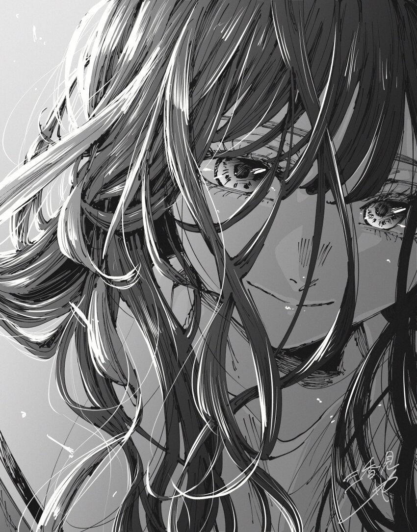 1girl absurdres closed_mouth commentary_request gradient_eyes hair_over_shoulder highres kaoru_hana_wa_rin_to_saku kikyo_private_academy_school_uniform long_hair looking_down mikami_saka monochrome multicolored_eyes official_art profile sailor_collar school_uniform signature smile solo waguri_kaoruko wavy_hair