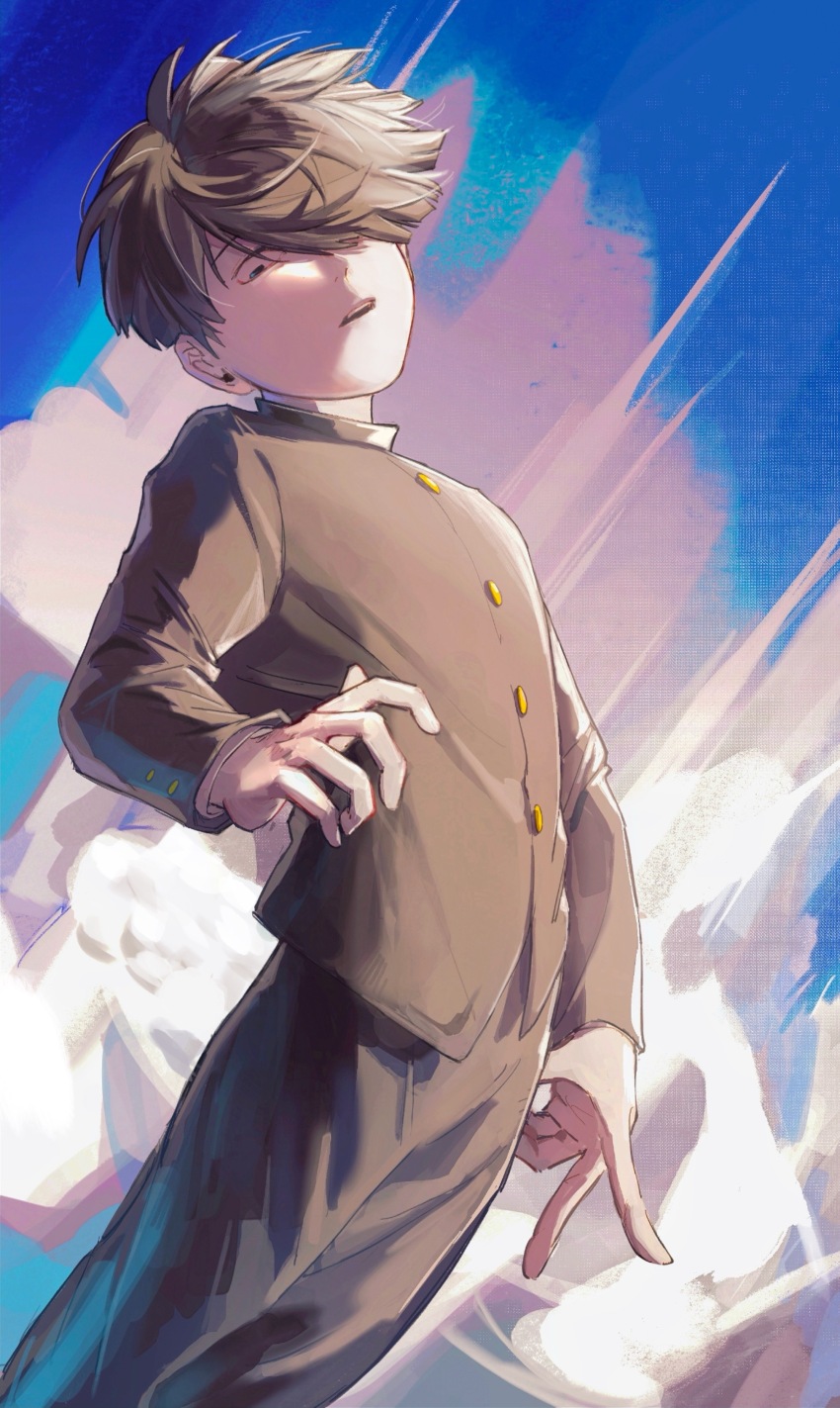 1boy absurdres baobing black_hair black_jacket black_pants blue_eyes blue_sky buttons chinese_commentary cloud commentary_request feet_out_of_frame gakuran highres jacket kageyama_shigeo long_sleeves male_focus mob_psycho_100 open_mouth outdoors pants school_uniform sky solo