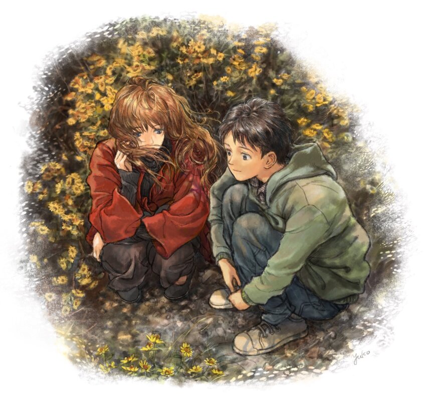 1boy 1girl black_hair brown_hair flower hetero highres hood hooded_jacket hoodie ikari_shinji jacket long_hair neon_genesis_evangelion niko_(silent.whitesnow) red_jacket shoes short_hair sneakers souryuu_asuka_langley