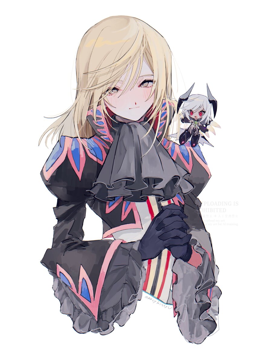 1boy absurdres ascot black_ascot black_gloves blonde_hair blush brown_eyes chibi closed_mouth cropped_torso frilled_sleeves frills glasses gloves head_tilt high_collar highres interlocked_fingers juliet_sleeves light_smile long_hair long_sleeves male_focus nancykittyu puffy_sleeves richard_(tales) simple_background smile solo tales_of_(series) tales_of_graces white_background