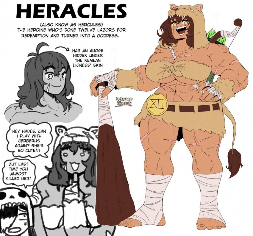 2girls abs ahoge animal_hat arrow_(projectile) aunt_and_niece bare_shoulders barefoot bow_(weapon) breasts character_name cleavage club_(weapon) dark-skinned_female dark_skin english_text fangs fur_(clothing) fur_bandeau fur_bra fur_skirt fur_wristbands genderswap genderswap_(mtf) greek_mythology hades_(mythology) hand_wraps hat heracles_(mythology) holding holding_club holding_weapon large_breasts leg_wrap lion lion_hat lion_hood lion_pelt lion_tail lioness miniskirt multiple_girls multiple_scars muscular muscular_female navel open_mouth original pelt quiver roman_numeral scar scar_on_arm scar_on_chest scar_on_face scar_on_leg scar_on_stomach scars_all_over skirt slit_pupils smile speech_bubble tail too_many underboob v-shaped_eyebrows wanderjegson weapon weapon_on_back yellow_eyes