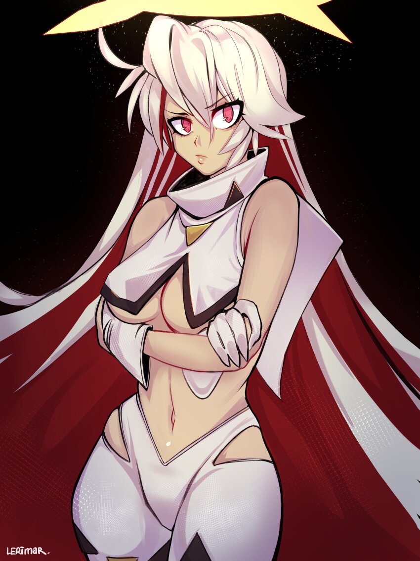 1girl absurdres arms_under_breasts black_background breasts closed_mouth colored_inner_hair commentary cowboy_shot crop_top crossed_arms english_commentary gloves guilty_gear halo highres jack-o&#039;_valentine lerimar long_hair looking_at_viewer medium_breasts midriff multicolored_hair navel pants pink_eyes red_hair shirt sleeveless sleeveless_shirt solo spiked_halo turtleneck turtleneck_shirt two-tone_hair underboob v-shaped_eyebrows very_long_hair white_gloves white_hair white_pants white_shirt yellow_halo