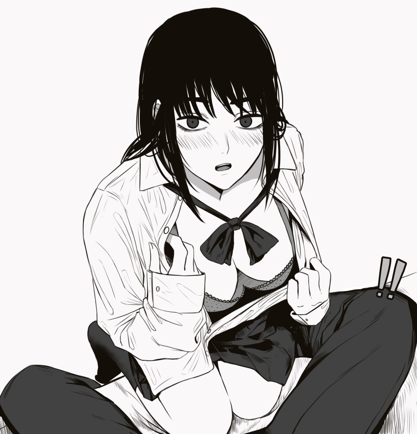 ! !! 1boy 1girl absurdres blush bra breasts chainsaw_man denji_(chainsaw_man) hetero highres masoq mitaka_asa neck_ribbon pants ribbon shirt skirt small_breasts unbuttoned unbuttoned_shirt underwear undressing