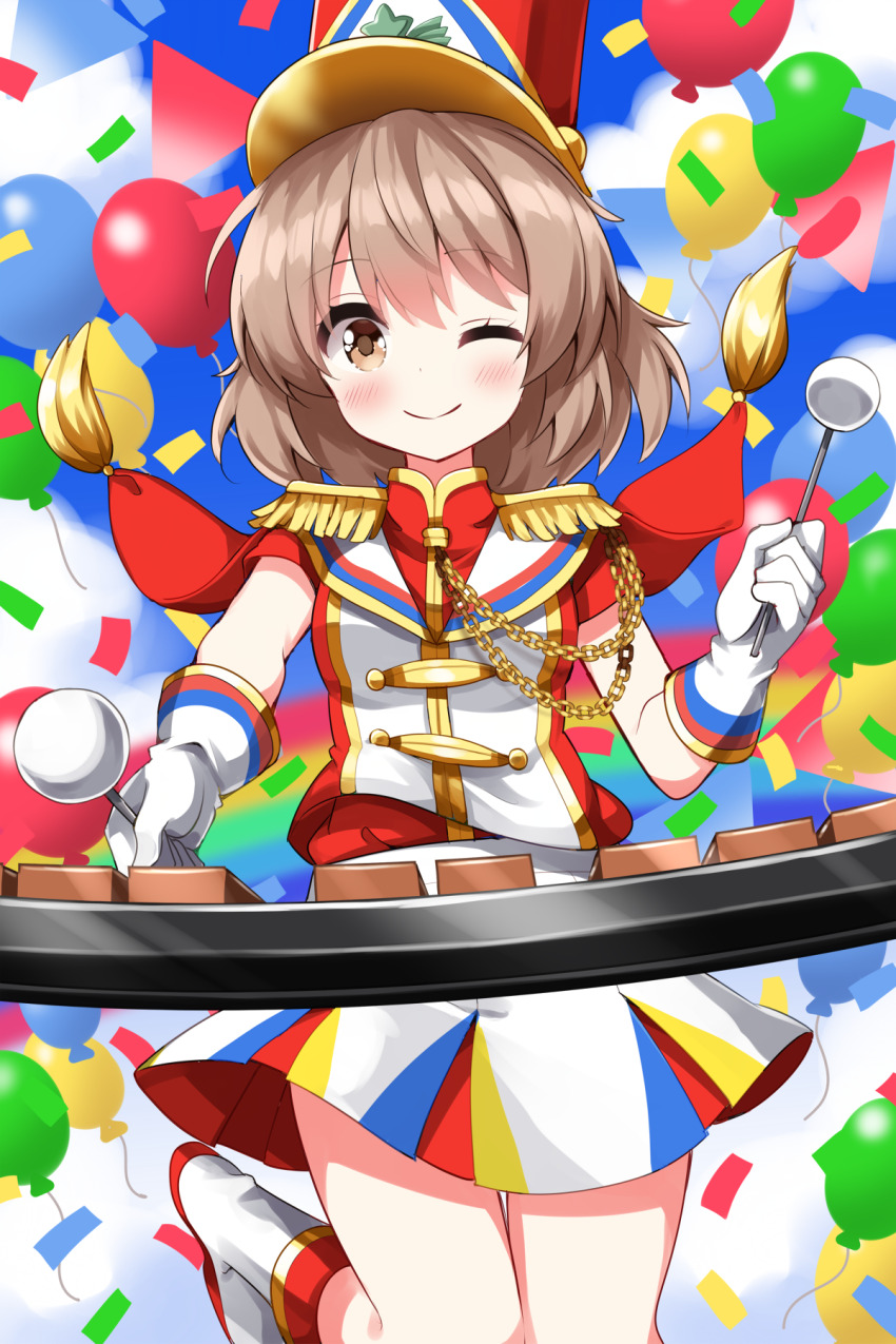 1girl ;) aiguillette balloon blush brown_eyes brown_hair closed_mouth commentary_request confetti epaulettes foot_out_of_frame fringe_trim gloves hat highres holding instrument jacket leg_up looking_at_viewer lyrica_prismriver lyrica_prismriver_(prism_march_xylophone) medium_hair miniskirt music one_eye_closed peaked_cap playing_instrument pleated_skirt red_hat red_jacket ruu_(tksymkw) short_sleeves skirt smile solo standing standing_on_one_leg touhou touhou_lostword vest white_gloves white_skirt white_vest xylophone