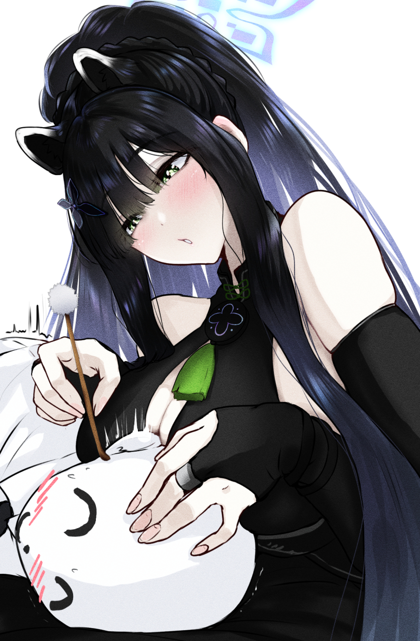 1boy 1girl :o animal_ears bare_shoulders black_dress black_gloves black_hair blue_archive blue_halo blush breast_rest breasts breasts_on_head bridal_gauntlets china_dress chinese_clothes cleavage cotton_swab doodle_sensei_(blue_archive) dress ear_cleaning elbow_gloves gloves green_eyes halo highres kobazakura_mikoto lap_pillow large_breasts long_hair mimikaki ponytail sensei_(blue_archive) shun_(blue_archive) smile tiger_ears very_long_hair