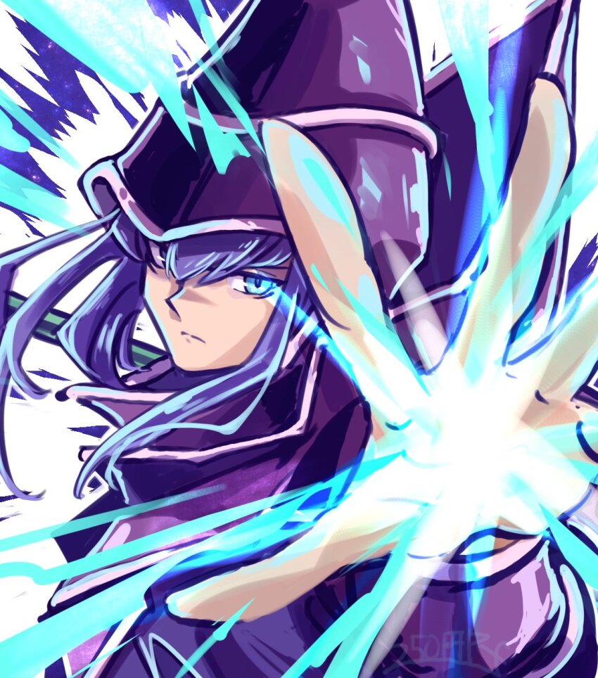 1boy 250en_remon blue_hair dark_magician duel_monster expressionless highres incoming_attack looking_at_viewer magic portrait purple_eyes purple_robe robe white_background yu-gi-oh!