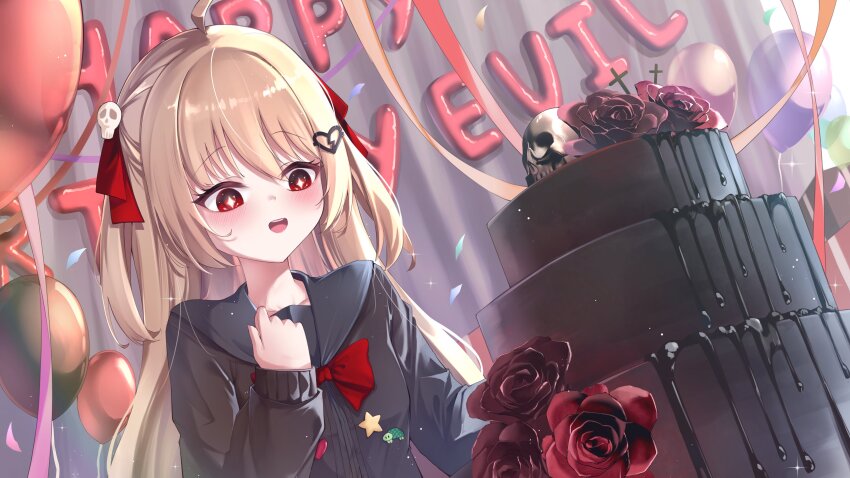 1girl absurdres ahoge balloon black_cardigan black_sailor_collar black_shirt bow bowtie broken_heart_hair_ornament brown_hair cake cardigan character_name clover_dot_(clov_erd) commentary cross dress_shirt dutch_angle evil_neuro-sama flower food hair_between_eyes hair_ornament hair_ribbon happy_birthday highres indie_virtual_youtuber long_hair long_sleeves neuro-sama open_mouth red_bow red_bowtie red_eyes red_flower red_ribbon red_rose ribbon rose sailor_collar shirt skull skull_hair_ornament solo sparkling_eyes star_button symbol-only_commentary teeth turtle_button two_side_up upper_body upper_teeth_only virtual_youtuber