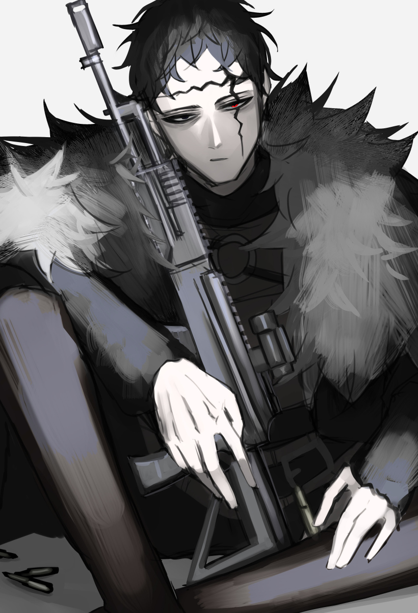 1boy absurdres ak-12 armor assault_rifle belt belt_buckle black_clover black_hair black_pants black_shirt blue_eyes buckle bullet chest_strap coat cuirass facial_mark faulds frit_2 fur_coat fur_collar gun heterochromia high_collar highres holding holding_gun holding_weapon kalashnikov_rifle looking_at_viewer male_focus messy_hair o-ring pants red_eyes rifle scope shadow shell_casing shirt short_hair simple_background sitting solo tunic weapon weapon_request white_background zenon_zogratis